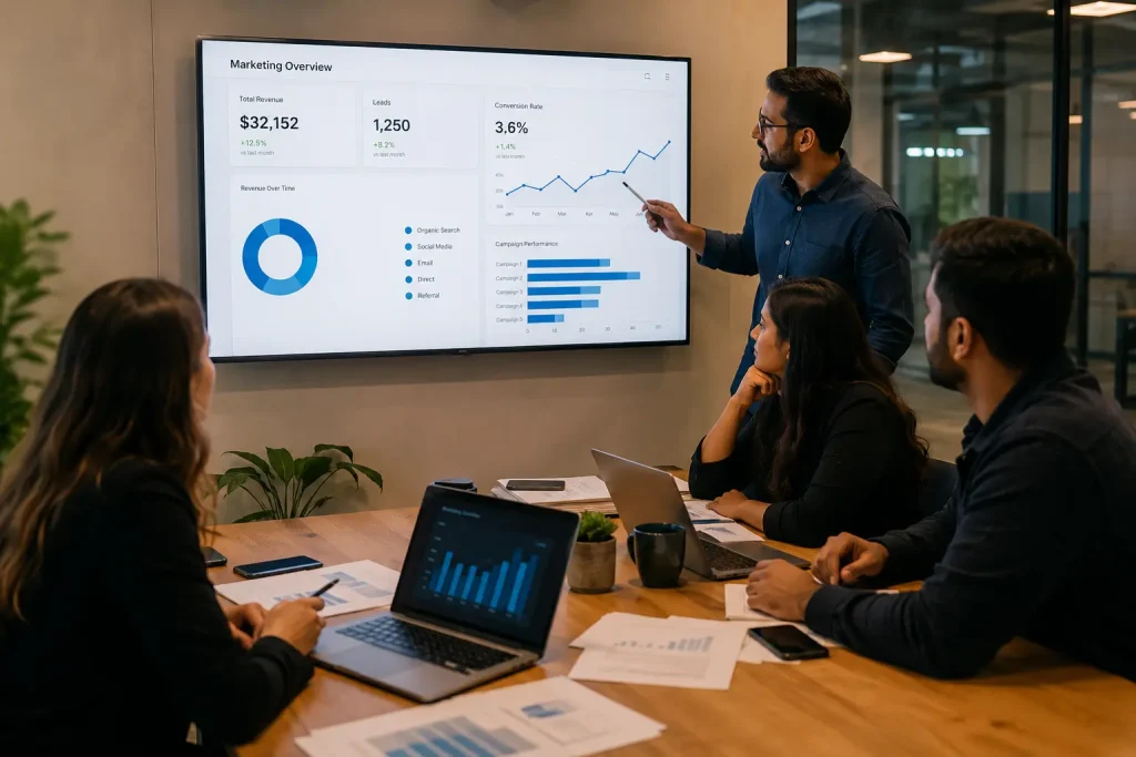 Marketing team analyzing SEO and PPC performance