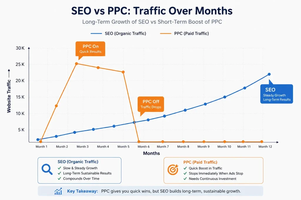 SEO vs PPC traffic comparison over time